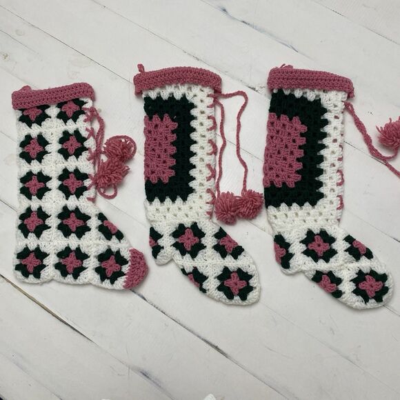 Vtg Handmade Lot of 3 Crochet Granny Square Christmas Stockings Green Pink White - Picture 1 of 11